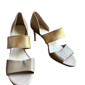 Cole Haan Grand Os Open Toe High Heel Beige Metallic Sz 8.5B
